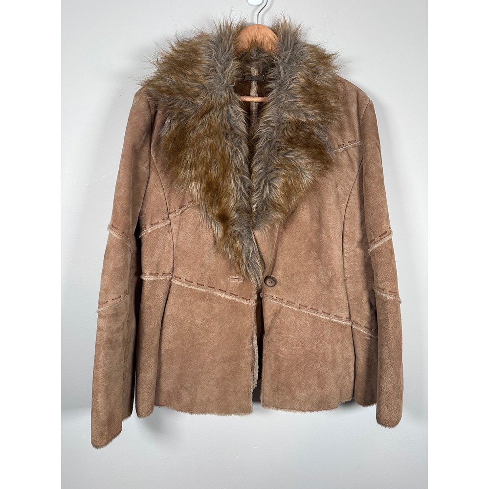 Winlit Leather Faux Fur Jacket Women L Brown Penny Lane indie Y2K Patchwork VTG
